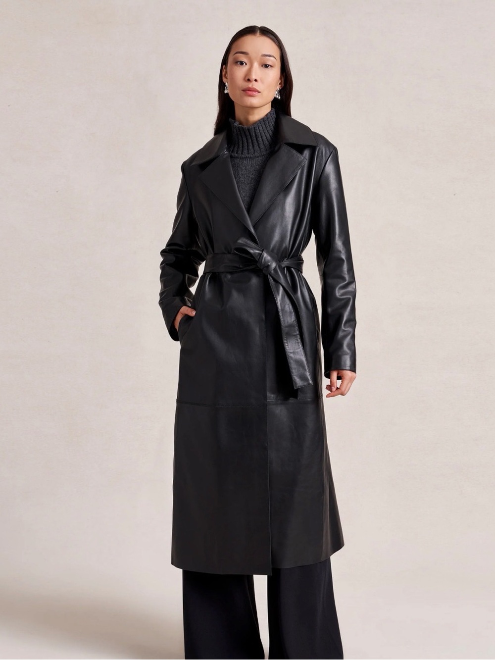 Mod On Trend Boutique Long Black Leather Trench Coat with Tie Belt Medium